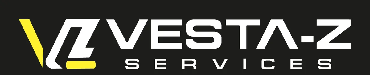 Logotipo de Vesta-Z Services: monograma VZ en amarillo y blanco sobre fondo negro