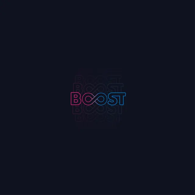 Identidad visual de Boost: logotipo en neón rosa y azul sobre fondo oscuro