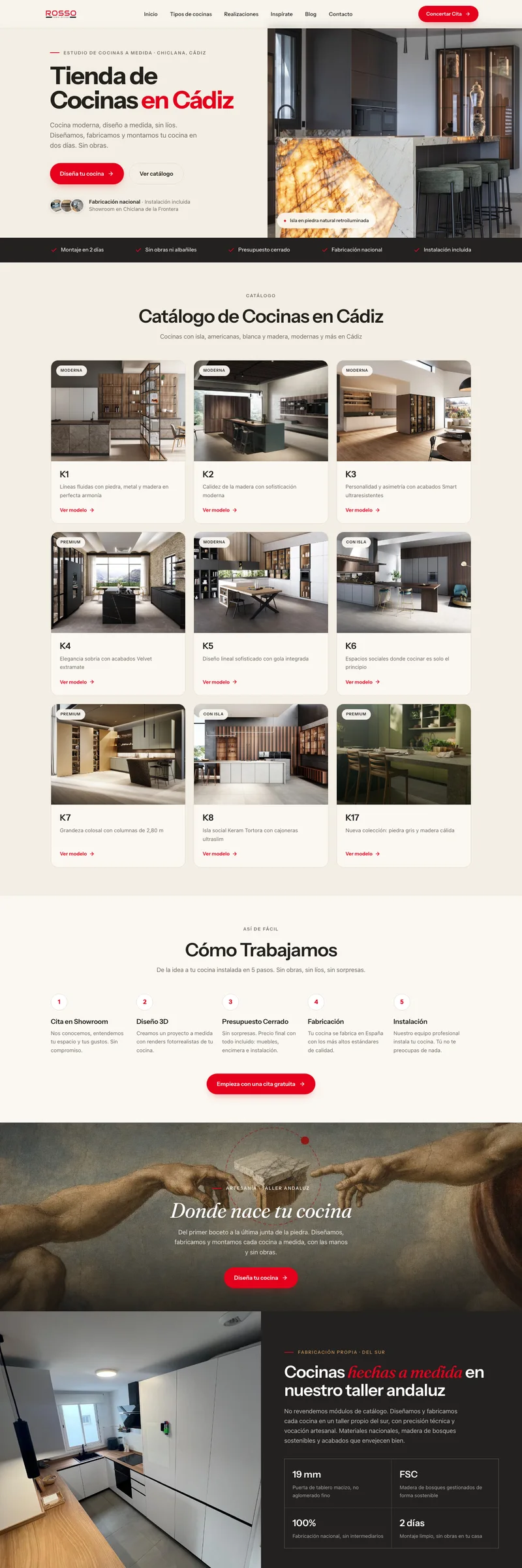 Diseño web de Rosso Cocinas, estudio de cocinas a medida en Chiclana de la Frontera, con catálogo de modelos y showroom