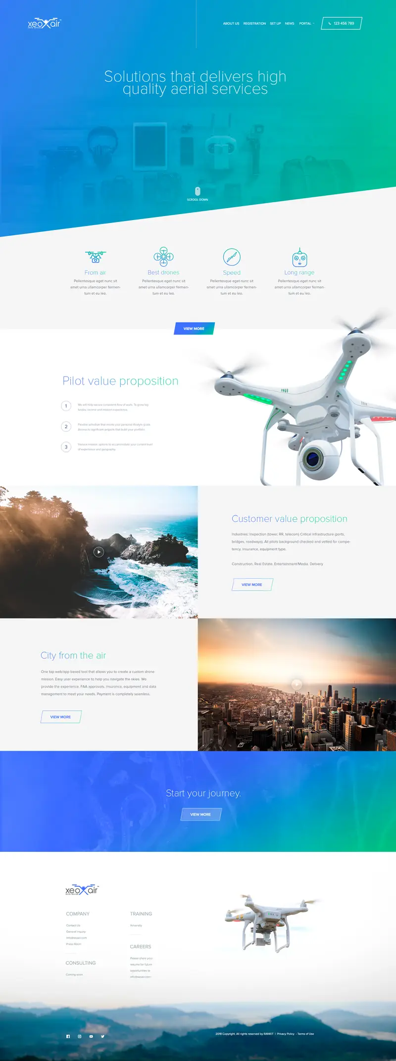 Diseño web completo de Xeo, servicios profesionales con drones